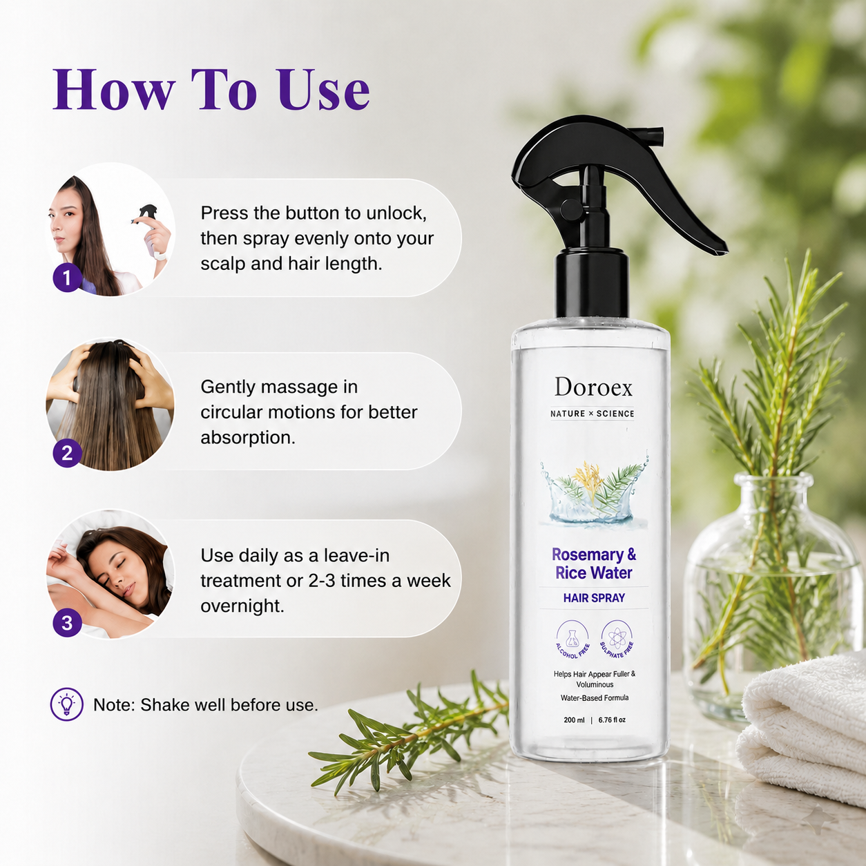 Rosemary & Rice Water Hair Spray 100% Natural Extract Silky Smooth Hair