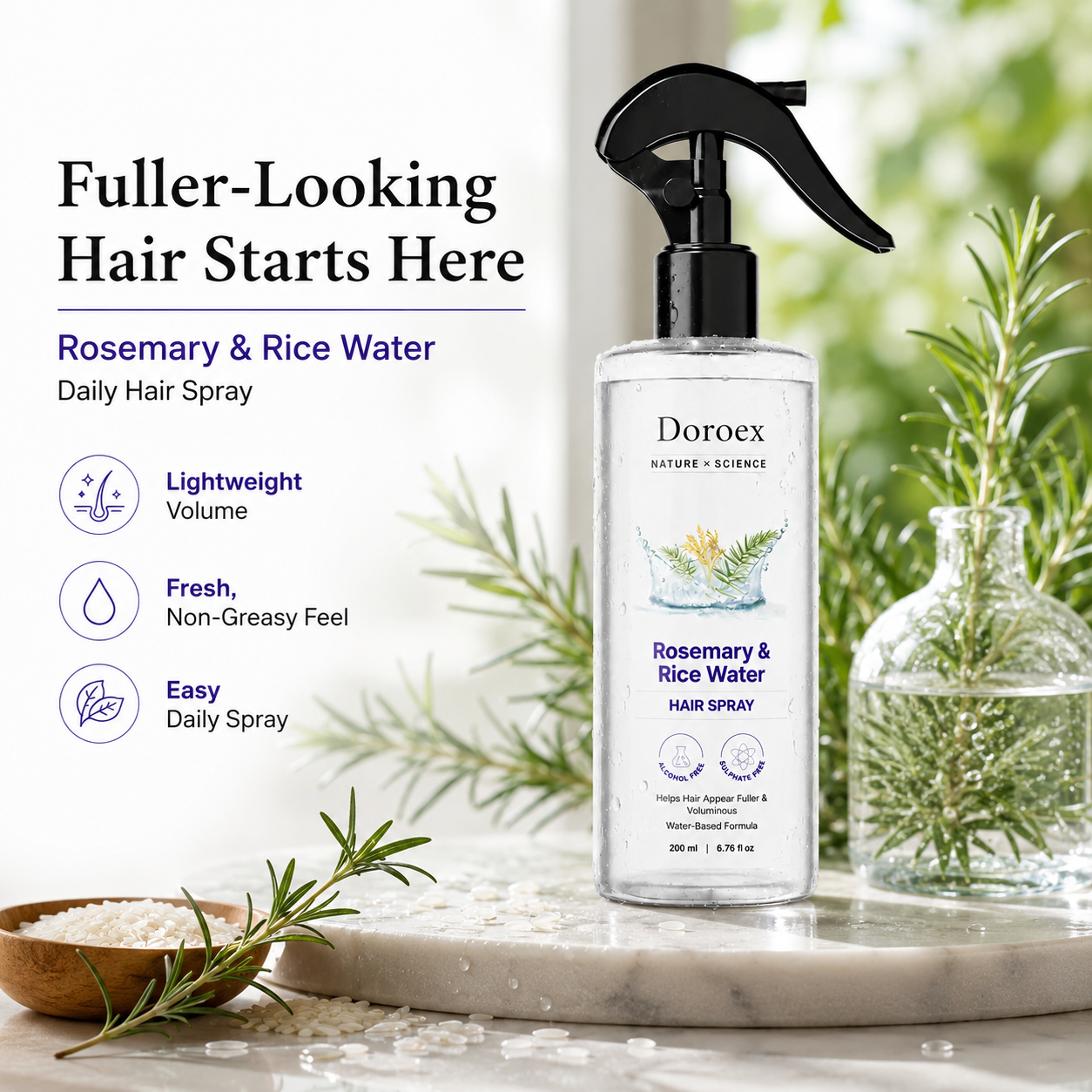 Rosemary & Rice Water Hair Spray 100% Natural Extract Silky Smooth Hair